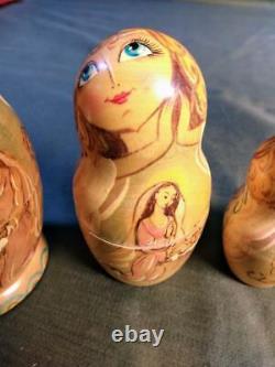 Old Vintage Hand Painted Wood Russian Nesting Dolls Set 5 Nativity Religious Art