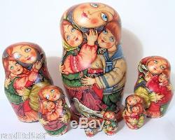 One of a Kind Hand Painted 7pcs Russian Nesting Doll Children by Guseva