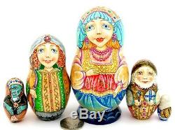 PUSHKIN Fairy Tale Tsar Saltan Matryoshka Genuine Russian 5 Nesting Dolls signed