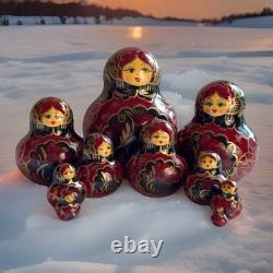 Perfect Vtg 1995 Signed 10pc Russian Matryoshka Nesting Dolls. Burgundy/Black