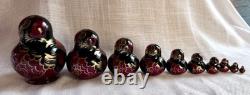 Perfect Vtg 1995 Signed 10pc Russian Matryoshka Nesting Dolls. Burgundy/Black