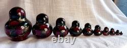 Perfect Vtg 1995 Signed 10pc Russian Matryoshka Nesting Dolls. Burgundy/Black