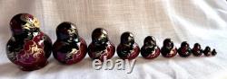 Perfect Vtg 1995 Signed 10pc Russian Matryoshka Nesting Dolls. Burgundy/Black
