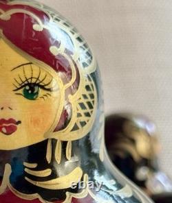 Perfect Vtg 1995 Signed 10pc Russian Matryoshka Nesting Dolls. Burgundy/Black