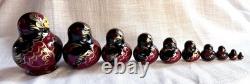 Perfect Vtg 1995 Signed 10pc Russian Matryoshka Nesting Dolls. Burgundy/Black