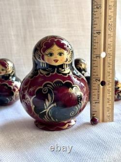 Perfect Vtg 1995 Signed 10pc Russian Matryoshka Nesting Dolls. Burgundy/Black
