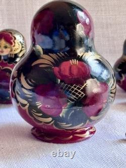 Perfect Vtg 1995 Signed 10pc Russian Matryoshka Nesting Dolls. Burgundy/Black