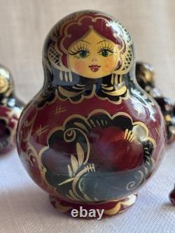 Perfect Vtg 1995 Signed 10pc Russian Matryoshka Nesting Dolls. Burgundy/Black