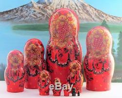 Poupée russe Matriochka 10p H 32cm signée bois peint main Russian Doll Gigognes
