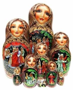 Pushkin Stories Exclusive HUGE 10-Piece Russian Wooden Handmade Nesting Doll