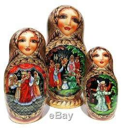 Pushkin Stories Exclusive HUGE 10-Piece Russian Wooden Handmade Nesting Doll