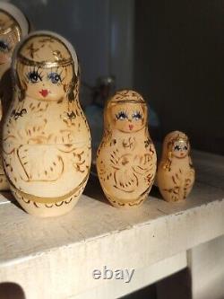 RARE Vintage Hand Carved Hand Painted Russian Babushka Nesting Dolls Gold Trim