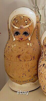 RARE Vintage Hand Carved Hand Painted Russian Babushka Nesting Dolls Gold Trim