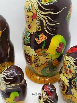 RARE old Russian 5pc Nesting Dolls oldlady/witches partying Collectible gift