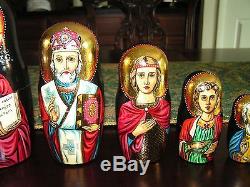 RUSSIAN 10-PIECE RELIGIOUS ICON MATRYOSHKA NESTING DOLLS (11 in.)- Y. Korolyova