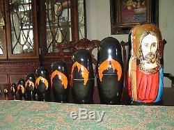 RUSSIAN 10-PIECE RELIGIOUS ICON MATRYOSHKA NESTING DOLLS (11 in.)- Y. Korolyova