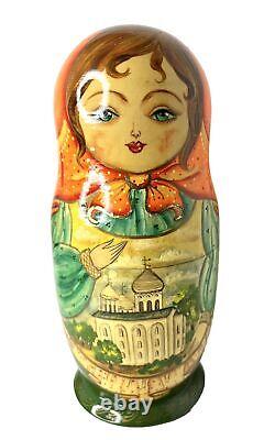 RUSSIAN 9 Nesting Dolls Wooden Orange Yellow Green Churches 9.875 VTG