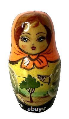 RUSSIAN 9 Nesting Dolls Wooden Orange Yellow Green Churches 9.875 VTG