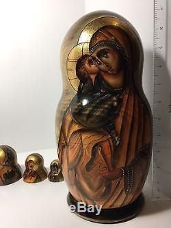 RUSSIAN 9-PIECE RELIGIOUS ICON MATRYOSHKA GOLD LEAF NESTING DOLLS (11 in.)
