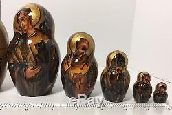 RUSSIAN 9-PIECE RELIGIOUS ICON MATRYOSHKA GOLD LEAF NESTING DOLLS (11 in.)