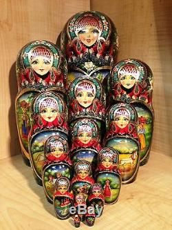 RUSSIAN COUNTRY SCENES by STEPKAEVA RUSSIAN MATRYOSHKA NESTING DOLL 12 3/4 15pc