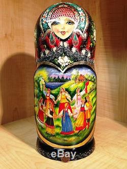 RUSSIAN COUNTRY SCENES by STEPKAEVA RUSSIAN MATRYOSHKA NESTING DOLL 12 3/4 15pc