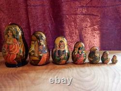 RUSSIAN DOLLS x 7 EXQUISITE 1995 DETAILED GOLD WOODEN GLOSS HAND PAINTED