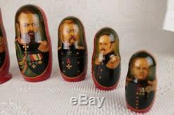 RUSSIAN EMPERORS Nesting Dolls Fedoskino Matryoshka 10 pc Set Rulers Czar Tzar