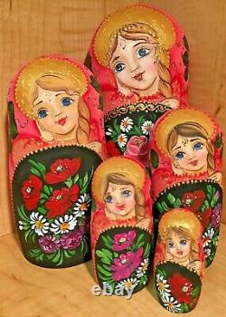 RUSSIAN MATRYOSHKA NESTING DOLL FLOWERS by HVAT T. PINK RED 5pcs NEW MATTE RARE