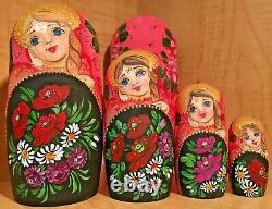 RUSSIAN MATRYOSHKA NESTING DOLL FLOWERS by HVAT T. PINK RED 5pcs NEW MATTE RARE