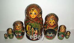 RUSSIAN NESTING DOLLS Fairytales Bright Festive w Gold Paint High Quality NEW