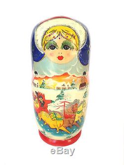RUSSIAN NESTING DOLLS Matryoshka 10 Piece Hand Painted Carved TROIKA LARGE