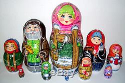 RUSSIAN WOODEN NESTING DOLLS Winter Village Family HUGE 12.5 10 pcs Matryoshka
