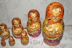 RUSSIAN wood HAND PAINTED signed 1995 NESTING DOLLS woman cat SET 7 PIECE EXC