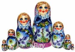 Rare Beauty 7 Piece Russian Hand Crafted Wooden Floral Painted Nesting Doll Set