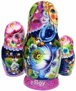 Rare Beauty 7 Piece Russian Hand Crafted Wooden Floral Painted Nesting Doll Set