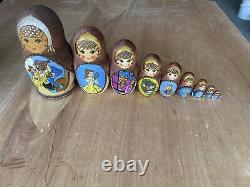 Rare Disney Beauty And The Beast Hand Painted 10 Wooden Russian Nesting Dolls