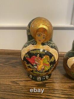 Rare Matryoshka Russian Nesting Dolls 14 Pc Signed Wood Burned Gold Vintage 7.5