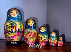 Rare Mermaid Vintage Signed Aquatic Russian Nesting Dolls Set 5