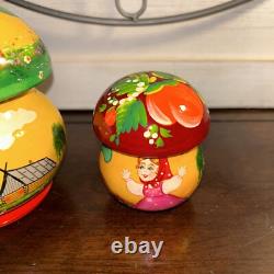 Rare Mushroom Shaped Fairytale Russian Matryoshka Nesting Doll 5 Pce Signed