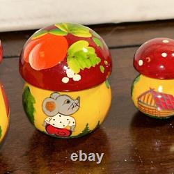 Rare Mushroom Shaped Fairytale Russian Matryoshka Nesting Doll 5 Pce Signed