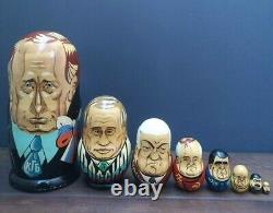 Rare Set 8 Handpainted Russian Leaders Wooden Nesting Matryoshka Dolls President