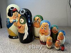 Rare Unique Set of 9 Snow White Dwarfs Nesting Dolls Handmade Russia UnSigned