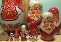 Rare Vintage Beautiful Russian Wooden Nesting Dolls full set 1994 signed
