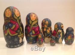 Rare Vintage Russian Fedoskino Style 7 Nest. Doll Winter T. Shiryaeva 8.5 90-s