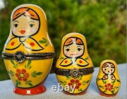 Rochard Limoges Trinket Box Matryoshka Russian Dolls Nesting Yellow Set 3