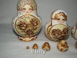 Rose Flower Maiden Wood Burned 10 Piece Matryoshka Russian Nesting Doll Marked