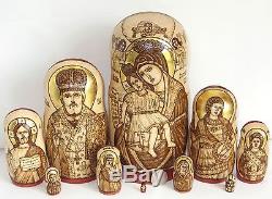 Russian 10 BIG PYROGRAPHY Nesting Dolls Icon COMPASSIONATE St Nicolas George
