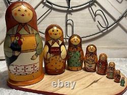 Russian 2011 Nesting Doll Country Lady with Chicken Hand Painted 8 Pcs Signed