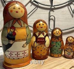 Russian 2011 Nesting Doll Country Lady with Chicken Hand Painted 8 Pcs Signed